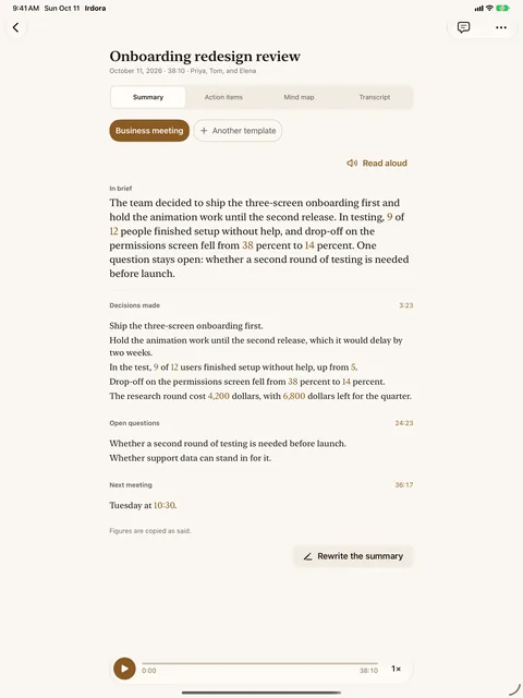 Irdora on iPad: the same summary set in a reading column