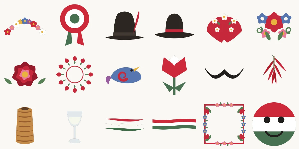 The eighteen Magyarize stickers: a flower crown, a kokárda, folk hats and a kerchief, Kalocsa and Matyó flowers, a papercut wreath, a folk bird, a tulip, a moustache, a string of paprika, a chimney cake, a pálinka glass, face paint, a tricolour band, a folk frame and a flag face