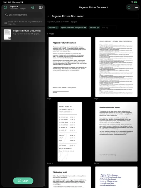 Pageora on iPad: the library list on the left and an open document on the right, showing tags and a grid of scanned pages