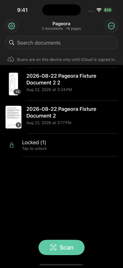 The Pageora library: a search field, scanned documents with thumbnails and page counts, a locked folder row, and a Scan button