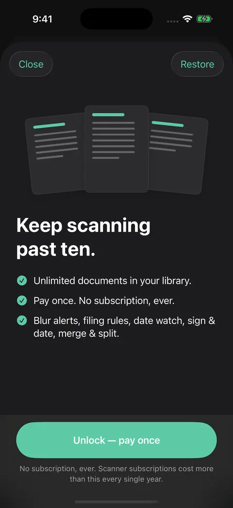 The purchase screen: unlimited documents, pay once with no subscription, and the advanced tools listed