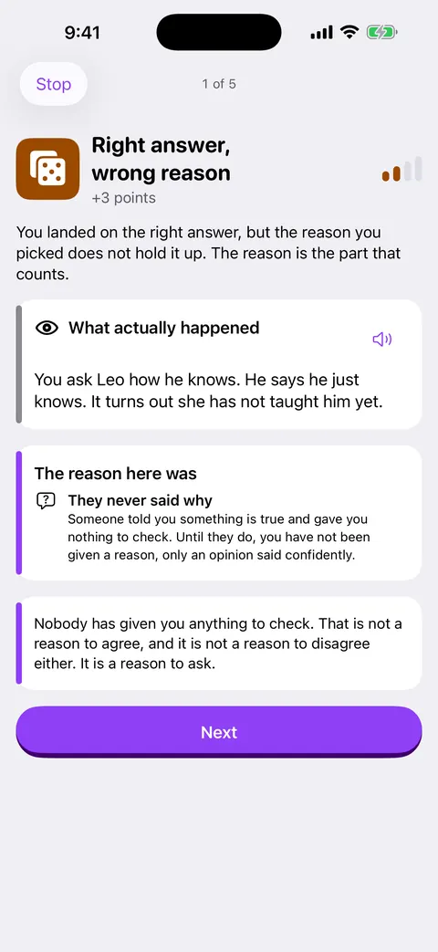 A result screen: right answer, wrong reason, called out in the open