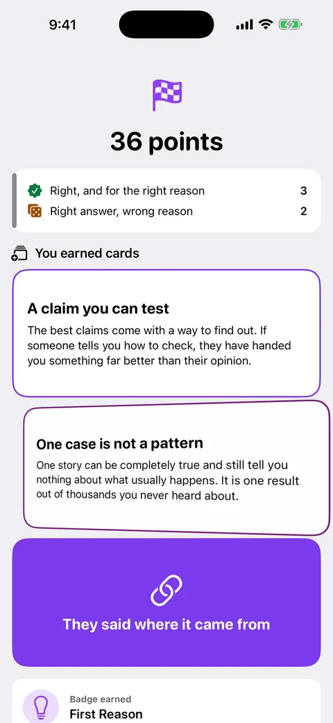 A session summary separating right-for-the-right-reason from lucky guesses